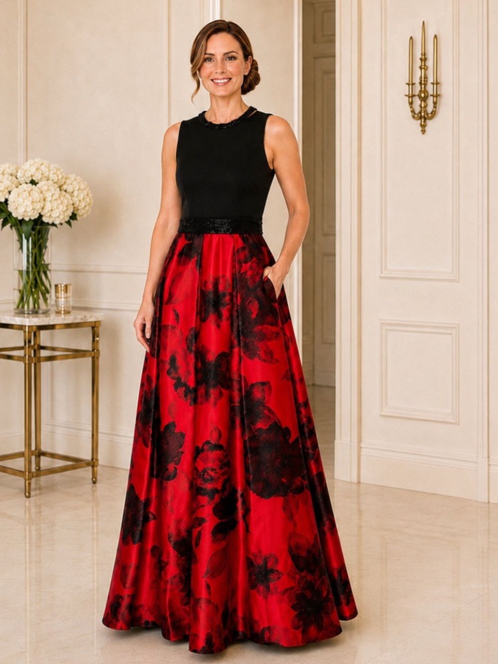 Gorgeous Black & Red Floral evening Dress with Beaded Waist❤️6